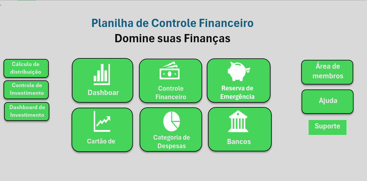 Menu principal da planilha financeira com acesso ao Dashboard, Controle Financeiro, Reserva de Emergência e mais